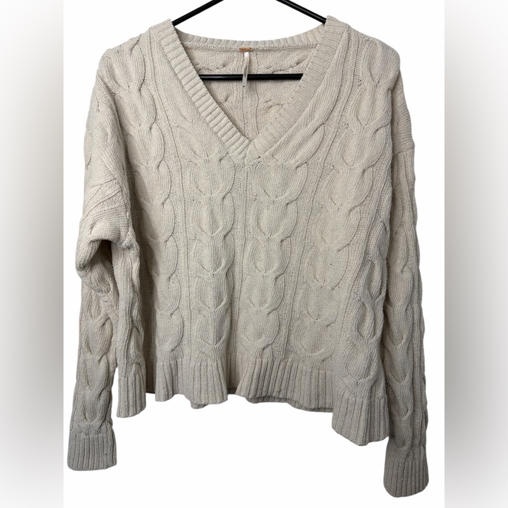 Free People Women's Cream Cable-Knit V-Neck Sweater